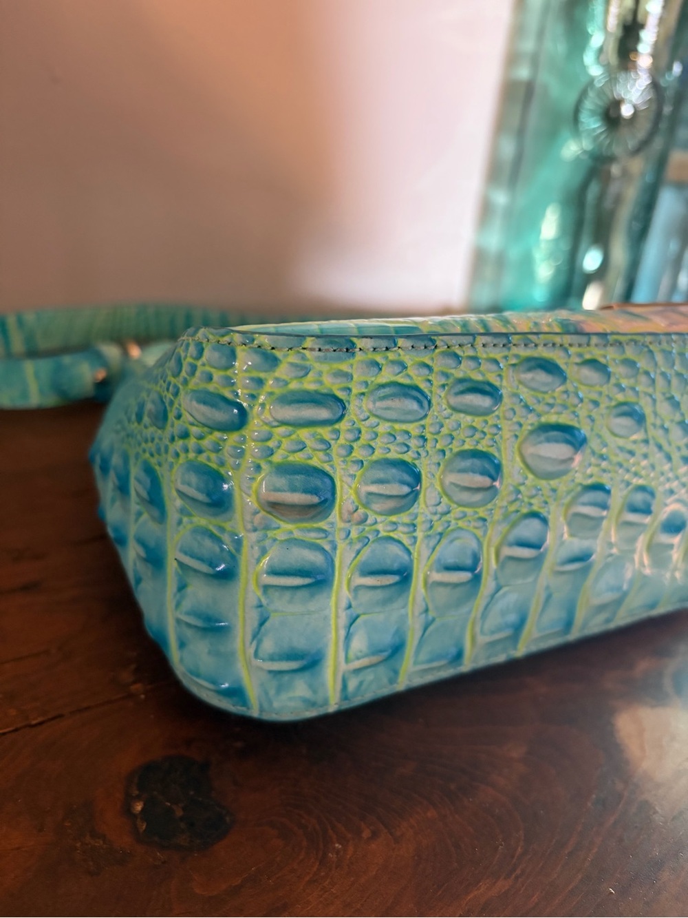 Brahmin ESME Cotton Candy Iridescent Turquoise Croc-Embossed Shoulder Bag - Picture 10 of 13
